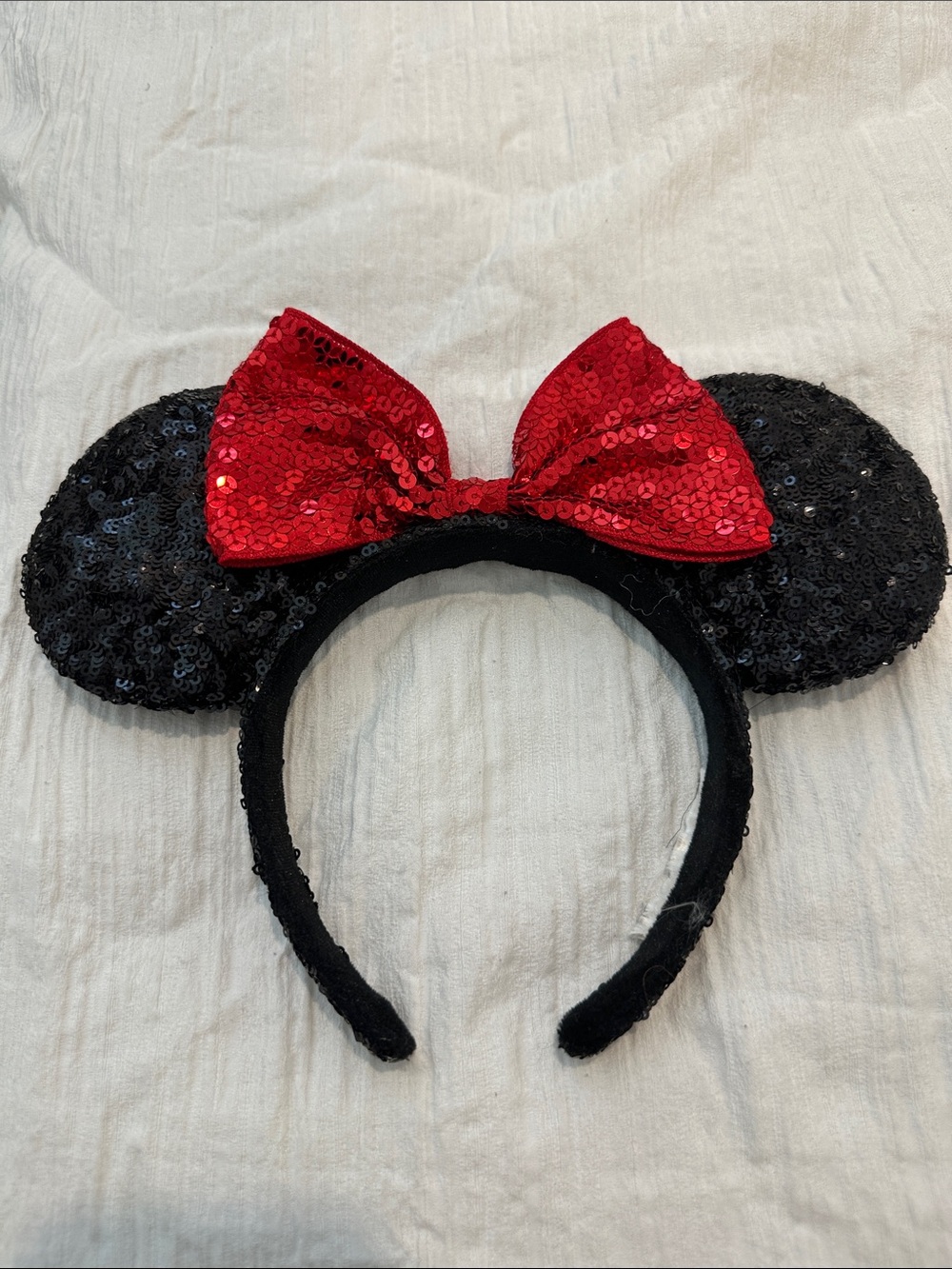 Authentic Disney Classic Sequin Minnie Ear Headband with Red Bow